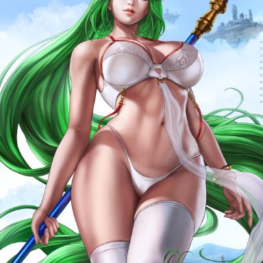 kid icarus, nintendo, palutena, dandon fuga, 1girls, abs, bare arms, bare shoulders, bare skin, bare thighs, big breasts, big thighs, bra, bracelet, breasts