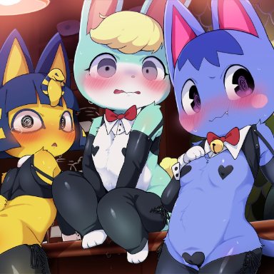 animal crossing, nintendo, ankha (animal crossing), brewster (animal crossing), rosie (animal crossing), sasha (animal crossing), dagasi, 1boy, 2girls, anthro, ass, blonde hair, blush, bodily fluids, breasts