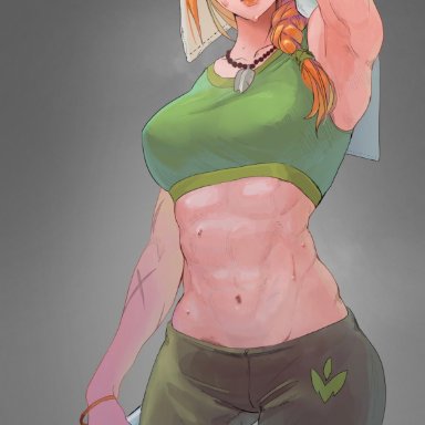 valorant, skye (valorant), abs, arm up, armpits, bangle, bangs, bottle, bracelet, breasts, collarbone, feet out of frame, female, green eyes, green pants