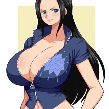 one piece, nico robin, simmsy, 1girls, big breasts, black hair, blue eyes, breasts, eye contact, female, female focus, glasses, glasses on head, huge breasts, long hair