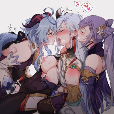 genshin impact, ganyu (genshin impact), keqing (genshin impact), shenhe (genshin impact), negom, 3girls, after kiss, ahoge, bell, blue hair, blush, breast curtain, breasts, breath, closed eyes