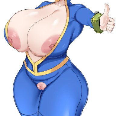 fallout, vault girl, owner (artist), 1girls, big breasts, blonde hair, blush, breasts, exposed breasts, exposed pussy, female, female only, huge breasts, mature female, nipples