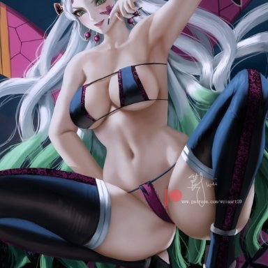 demon slayer, kimetsu no yaiba, daki (kimetsu no yaiba), weisart, alternate costume, big ass, big breasts, bikini, black legwear, black nails, black thighhighs, black toenails, cleavage, demon girl, eyepatch bikini