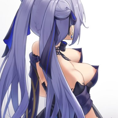 genshin impact, keqing (genshin impact), gohei (aoi yuugure), 1girls, breasts, busty, dress, erect nipples, from above, large breasts, nipples, no bra, perky breasts, purple hair, twintails