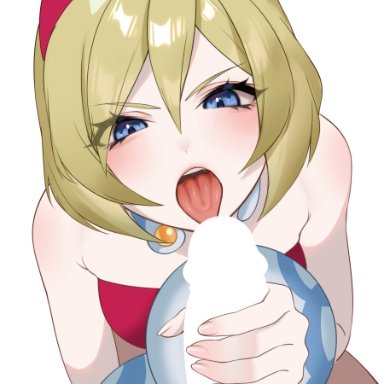 nintendo, pokemon, pokemon legends: arceus, irida (pokemon), tofuubear, 1boy, 1girls, blonde hair, blue eyes, blush, fellatio, female, hair ornament, handjob, kneeling