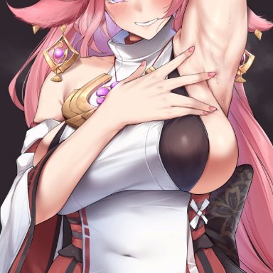 genshin impact, yae (genshin impact), maskwolf, 1girls, arm above head, arm up, armpits, bangs, belly button, big breasts, black background, blush, breasts, clothed, clothing