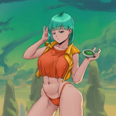 dragon ball, dragon ball z, bulma briefs, juiceofyellow, 1girls, adjusting hair, bangs, blue eyes, blue hair, clothed, crop top, dragon radar, earrings, female, female only