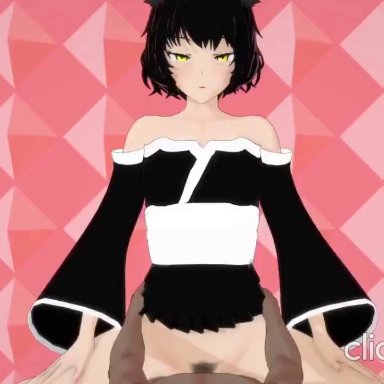 koikatsu, ppppu, rwby, kali belladonna, anonbluna, black hair, blush, cat ears, catgirl, clothed, clothed female nude male, clothed sex, dark-skinned male, ear piercing, from behind position