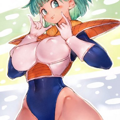 dragon ball, dragon ball z, bulma briefs, fumio (rsqkr), 1girls, aqua hair, armor, blue eyes, breasts, covered navel, covered nipples, cowboy shot, gloves, hairband, large breasts