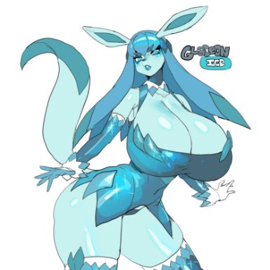 nintendo, pokemon, eeveelution, glaceon, pok&#233;mon (species), maniacpaint, anthro, big breasts, blue body, breasts, cleavage, clothed, clothing, female, huge breasts