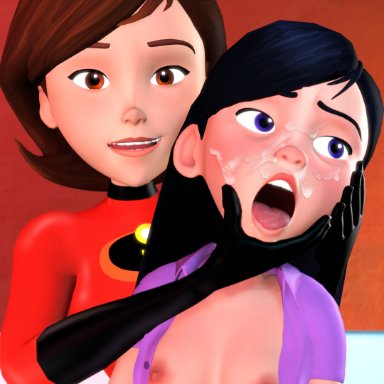 the incredibles, helen parr, violet parr, zly, 2girls, :o, age difference, black gloves, black hair, blush, bodysuit, breasts, brown eyes, brown hair, clothing