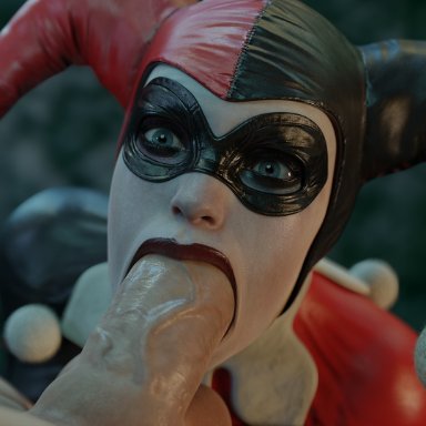 batman (series), dc, dc comics, harley quinn, harley quinn (classic), vekkte, 1boy1girl, balls, big penis, blowjob, blue eyes, blurry background, clothed, clothed female, clothed female nude male