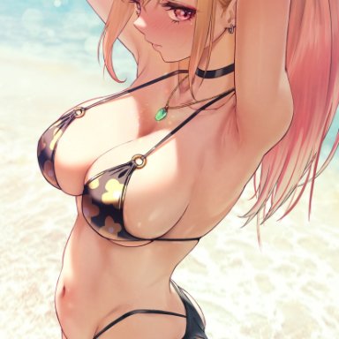 sono bisque doll wa koi wo suru, kitagawa marin, happymonk, 1girls, adjusting hair, beach, beads, bikini, black bikini, black choker, black swimsuit, blonde hair, blush, bracelet, breasts