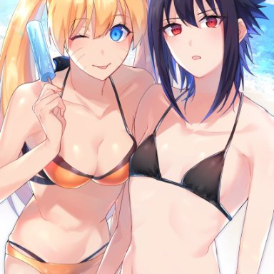 naruto, naruto (series), naruko, sasuke uchiha, sasuko, uzumaki naruto, 2girls, ;p, bangs, betti (maron), bikini, black bikini, black hair, blonde hair, blue eyes