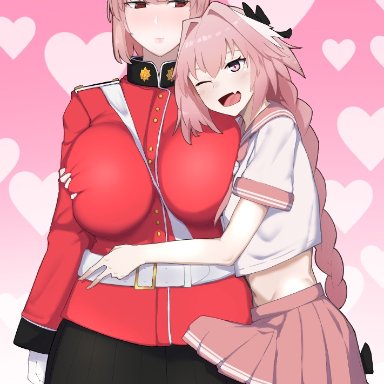 fate/grand order, fate (series), astolfo (fate), florence nightingale (fate), fujou joshi, 1boy, 1girls, belt, blush, bow, braid, breast grab, breasts, crossdressing, erection