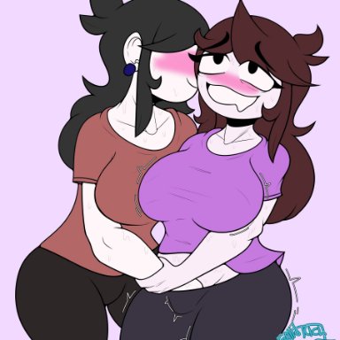 jaiden animations, youtube, jaiden, jaidens mom, solidrich, 2girls, big breasts, blush, closed eyes, cuddling, face to face, fingering, fingering partner, fully clothed, incest