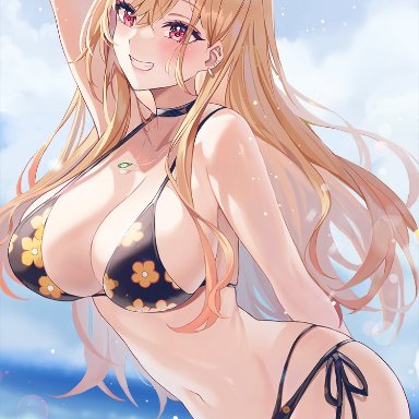 sono bisque doll wa koi wo suru, kitagawa marin, doco (doco3811), 1girls, arm up, bikini, black bikini, blonde hair, blue sky, breasts, choker, cleavage, female, female only, flower pattern