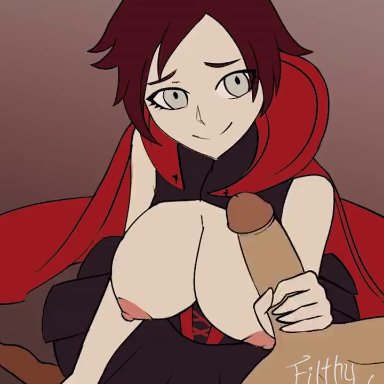 rwby, ruby rose, filthydungeons, breasts out, cloak, cum, cum on breasts, cum on face, facial, handjob, krita program, red hair, silver eyes, animated, mp4