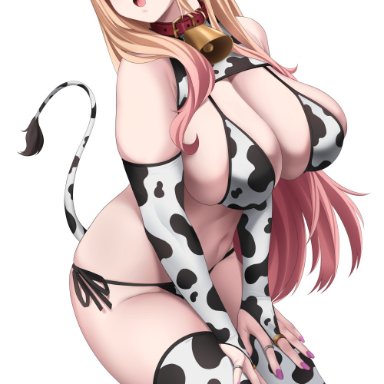 sono bisque doll wa koi wo suru, kitagawa marin, sockinajar, 1girls, big breasts, bikini, blonde hair, blush, breasts, cow bikini, cow ears, cow horns, cow print, cowbell, earrings