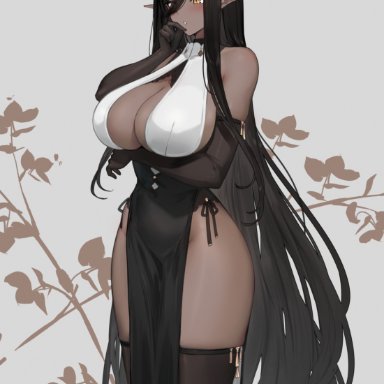 original, dark elven girl (hayabusa), hayabusa, 1girls, :o, bare shoulders, black gloves, black hair, blush, breast hold, breasts, china dress, chinese clothes, cleavage, dark-skinned female