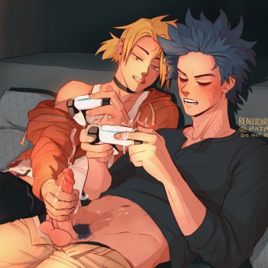 my hero academia, denki kaminari, hitoshi shinso, reallycorking, 2boys, blush, cum, gay, handjob, licking lips, male only, video games, yaoi