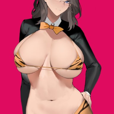 original, animal ears, animal print, arm behind back, bikini, bikini top only, black-framed eyewear, black hairband, black legwear, blue eyes, bow, bowtie, breasts, brown hair, bunny ears