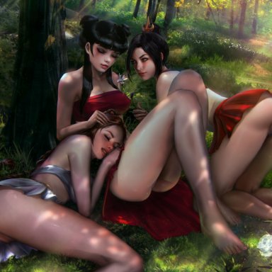 avatar the last airbender, azula, mai (avatar), ty lee, demonlorddante, 3girls, against tree, all fours, ass, barefoot, barely clothed, bikini, black hair, blush, braid