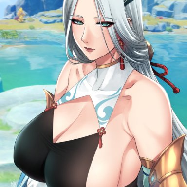 genshin impact, cloud retainer (genshin impact), xtermination, big breasts, blue eyes, cleavage, female, huge breasts, human, humanized, milf, sideboob, upper body, white hair