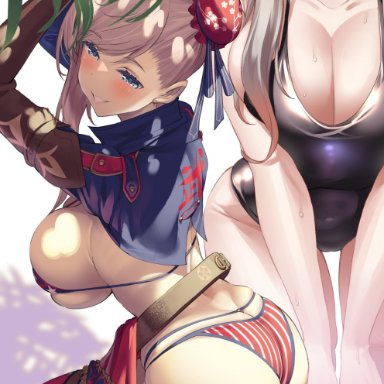 fate/grand order, fate (series), miyamoto musashi (fate), uo denim, 1girls, alternate costume, american flag bikini, ass, ass focus, ass shot, asymmetrical hair, back, back view, blue eyes, breasts