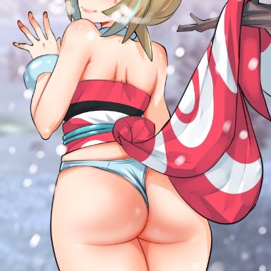 nintendo, pokemon, pokemon legends: arceus, irida (pokemon), kenron toqueen, octoosr, 1girls, ass, ass focus, blonde hair, blue eyes, breasts, bubble butt, clothes stuck on object, female