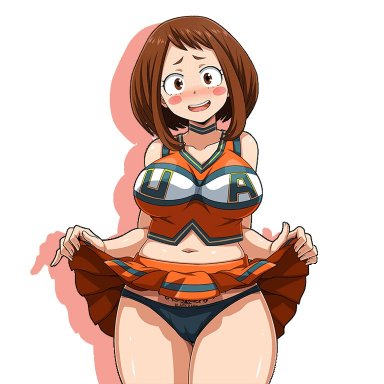 my hero academia, ochako uraraka, creatorofgifs, sano-br, 1girls, before and after, big breasts, blush, breasts, brown eyes, brown hair, cheerleader, cheerleader uniform, female, miniskirt