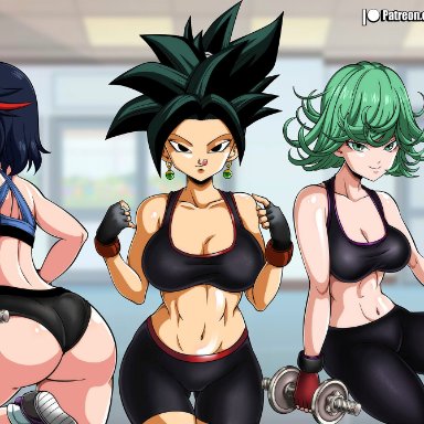 dragon ball, dragon ball super, kill la kill, one-punch man, kefla, matoi ryuuko, tatsumaki, franfuentesart2, 3girls, ass, big breasts, breasts, earrings, female, female only