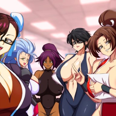 bayonetta, bleach, king of fighters, snk, street fighter, tenchi muyo, tenchi muyou!, bayonetta (character), chun-li, mai shiranui, ryoko hakubi, shihouin yoruichi, darwaarts, 5girls, areolae