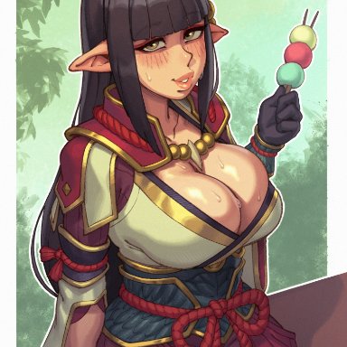 capcom, monster hunter, monster hunter rise, hinoa, rizdraws, 1girls, black hair, blush, breasts, cleavage, clothed, clothed female, dango, female, female only