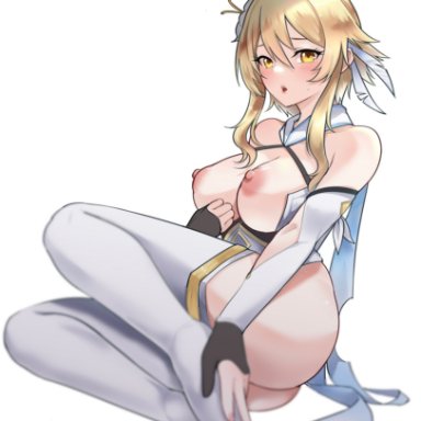 genshin impact, lumine (genshin impact), tinnies, 1girls, areolae, blonde hair, blush, breasts, detached sleeves, erect nipples, feet in stockings, female, female only, gold eyes, hips