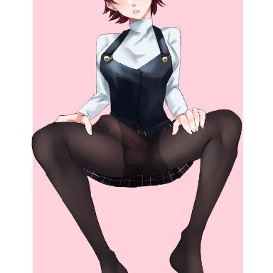 persona, persona 5, makoto niijima, nei019, 1futa, big penis, blush, breasts, brown hair, bulge, clothed, clothing, erection, erection under clothes, flushed