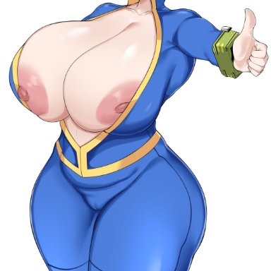 fallout, vault girl, owner (artist), 1girls, big breasts, blonde hair, blush, breasts, exposed breasts, female, female only, huge breasts, mature female, nipples, short hair