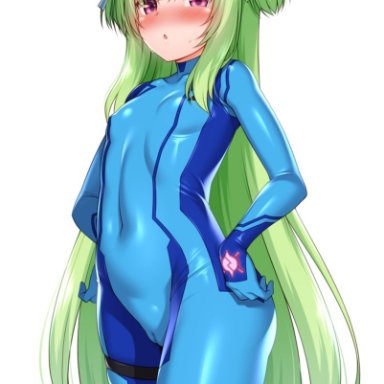 metroid, senren banka, yuzu-soft, murasame (senren), samus aran, samus aran (cosplay), zirba, :o, blue bodysuit, blush, bodysuit, cameltoe, cosplay, female, green hair