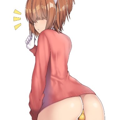 character request, nagase haruhito, 1male, ass, brown hair, bulge, femboy, girly, hair over eyes, looking at viewer, male, male only, penis, solo, thick thighs