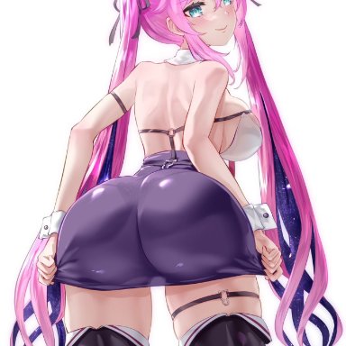 hoshina rulia, uenoryoma, ass, bubble butt, clothed female, dat ass, female, female only, kneeling, looking at viewer, looking back, pantylines, pink hair, solo, solo female