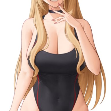 sono bisque doll wa koi wo suru, kitagawa marin, zaphn, 1girls, black clothing, blonde hair, blush, breasts, cleavage, competition swimsuit, female, female only, gyaru, hips, huge breasts