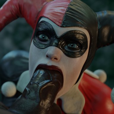 batman (series), dc, dc comics, harley quinn, harley quinn (classic), vekkte, 1boy, 1girls, balls, big penis, blowjob, blue eyes, blurry background, clothed, clothed female