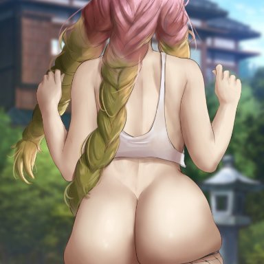 kimetsu no yaiba, kanroji mitsuri, sauvagex, ass, back, bottomless, curvy, female, fishnets, green hair, huge ass, multicolored hair, no panties, no pants, pink hair