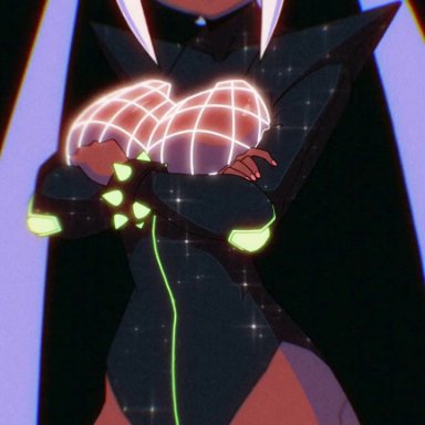 original, synica (moikaloop), moikaloop, ass, back cutout, black leotard, bouncing breasts, breasts, cyberpunk, cyborg, dark-skinned female, dark skin, double bun, female, fishnets