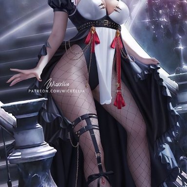 genshin impact, rosaria (genshin impact), wickellia, busty, fishnet stockings, high heels, maid, maid headdress, painted nails, purple hair, staircase