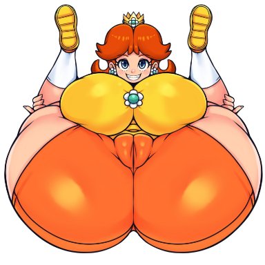 mario (series), mario tennis, nintendo, princess daisy, matospectoru, 1girls, bike shorts, brown hair, cameltoe, grin, large breasts, legs up, on back, presenting hindquarters, solo