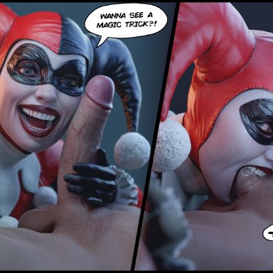 batman (series), dc, dc comics, harley quinn, batesz, 1boy, 1girls, deepthroat, fellatio, female, foreskin, looking at viewer, male, oral, penis