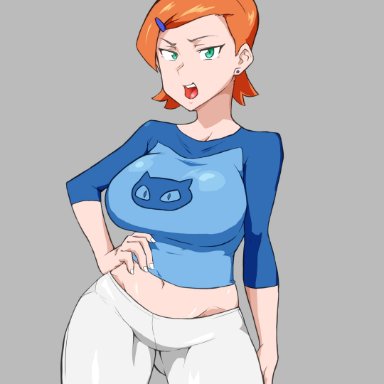 ben 10, gwen tennyson, yuujiro, belly shirt, breasts, earrings, green eyes, hair ornament, hand on hip, jewelry, looking at viewer, medium breasts, midriff, open mouth, orange hair