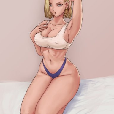 dragon ball, dragon ball z, android 18, juiceofyellow, 1girls, blonde hair, blue eyes, breasts, cleavage, clothed, female, female only, hand behind head, kneeling, large breasts