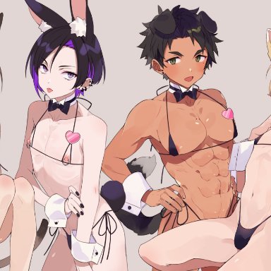 mobu 45, 4boys, bikini, cat ears, catboy, cuffs, dog boy, dog ears, femboy, kemonomimi, male focus, multiple boys, muscular male, nipple piercing, piercing